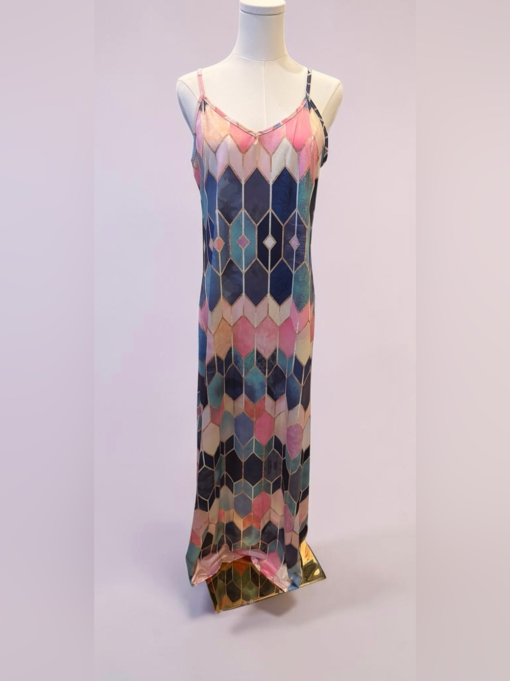 Geo Tile Slip Maxi Dress in Pink, Navy & Teometric